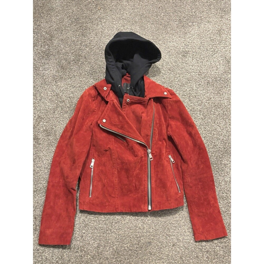 7 For‎ All Mankind Leather Suede Moto Jacket Removeable Hood Women’s Small Red
